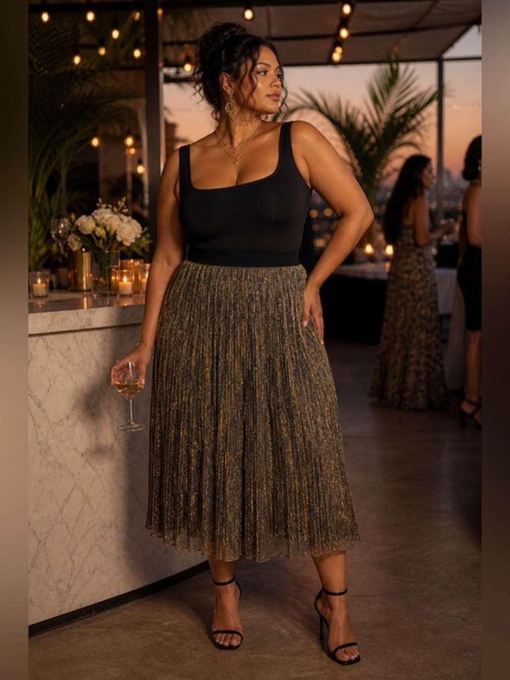Xhilaration Metallic Gold Silver Pleated Midi Skirt Summer Party Skirt XL